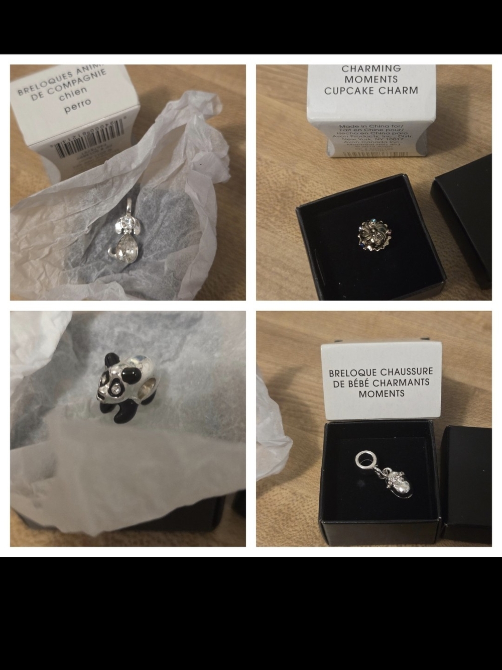 Avon charm lot baby shoe, panda, cupcake and dog new unused set of 4